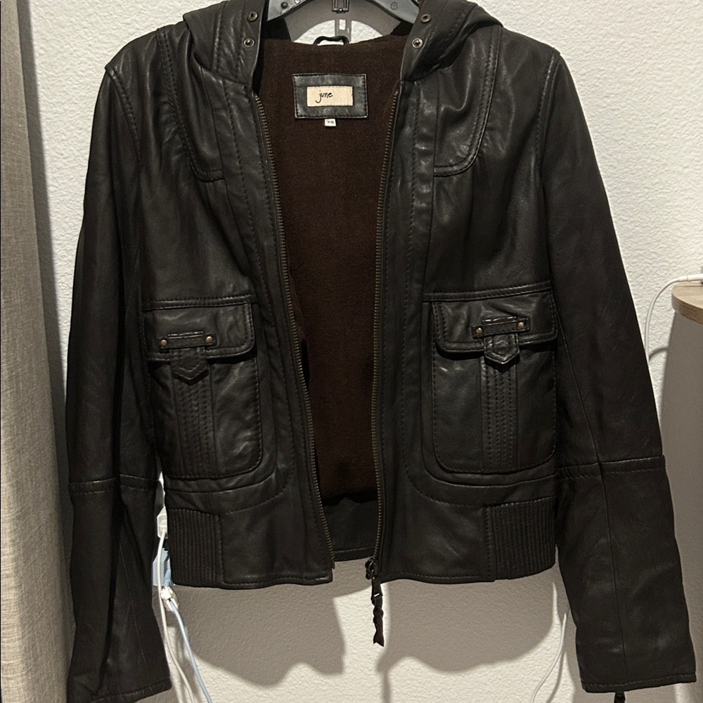 Brown leather jacket with hoodie